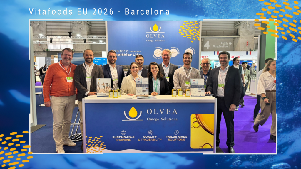 OLVEA Omega Solutions team at Vitafoods Europe 2026 in Barcelona, presenting sustainable and traceable omega‑3 solutions for human nutrition.