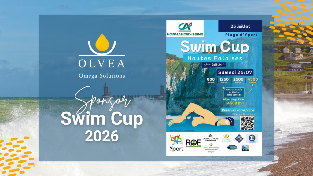 O2S promotional visual for the Swim Cup Hautes Falaises 2026, an open water swimming competition held in Yport on Normandy's Alabaster Coast.